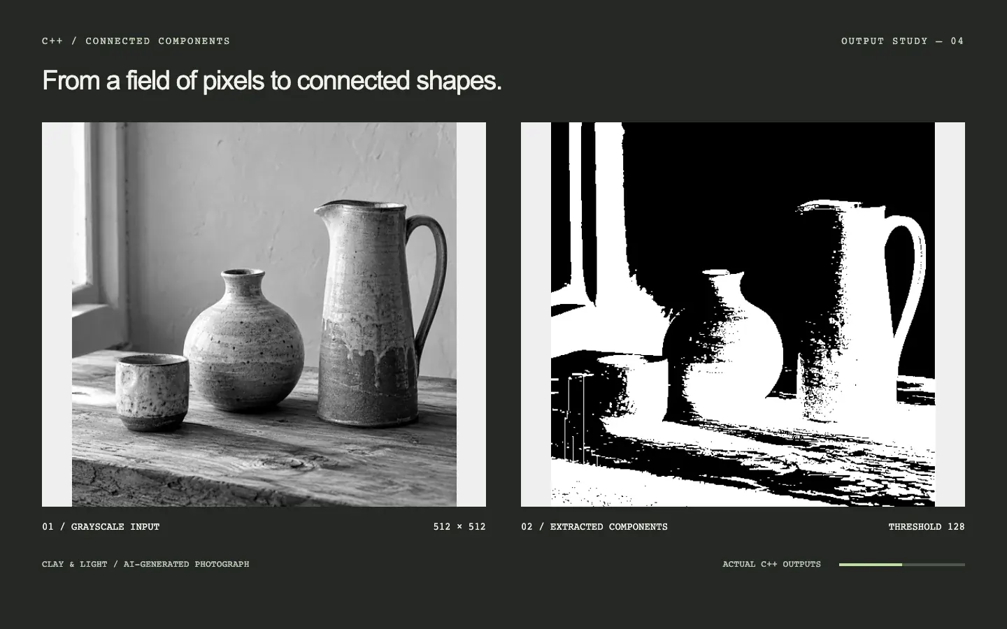 Clay & light: grayscale photograph on the left, actual C++ segmentation on the right as the threshold rises from 32 to 224.