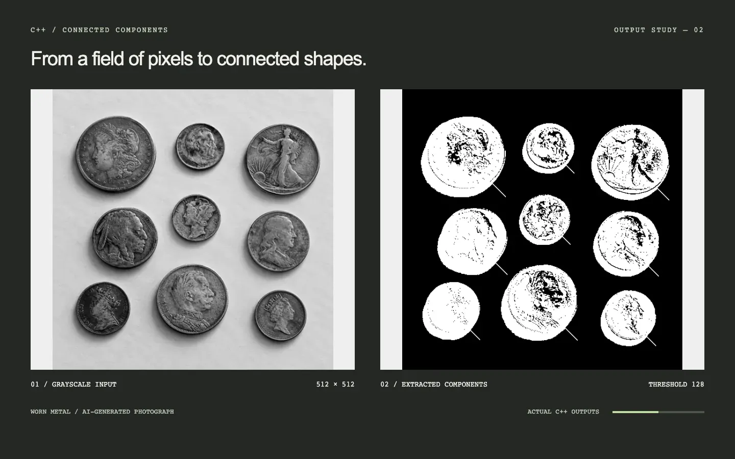 Worn metal: grayscale photograph on the left, actual C++ segmentation on the right as the threshold rises from 32 to 224.