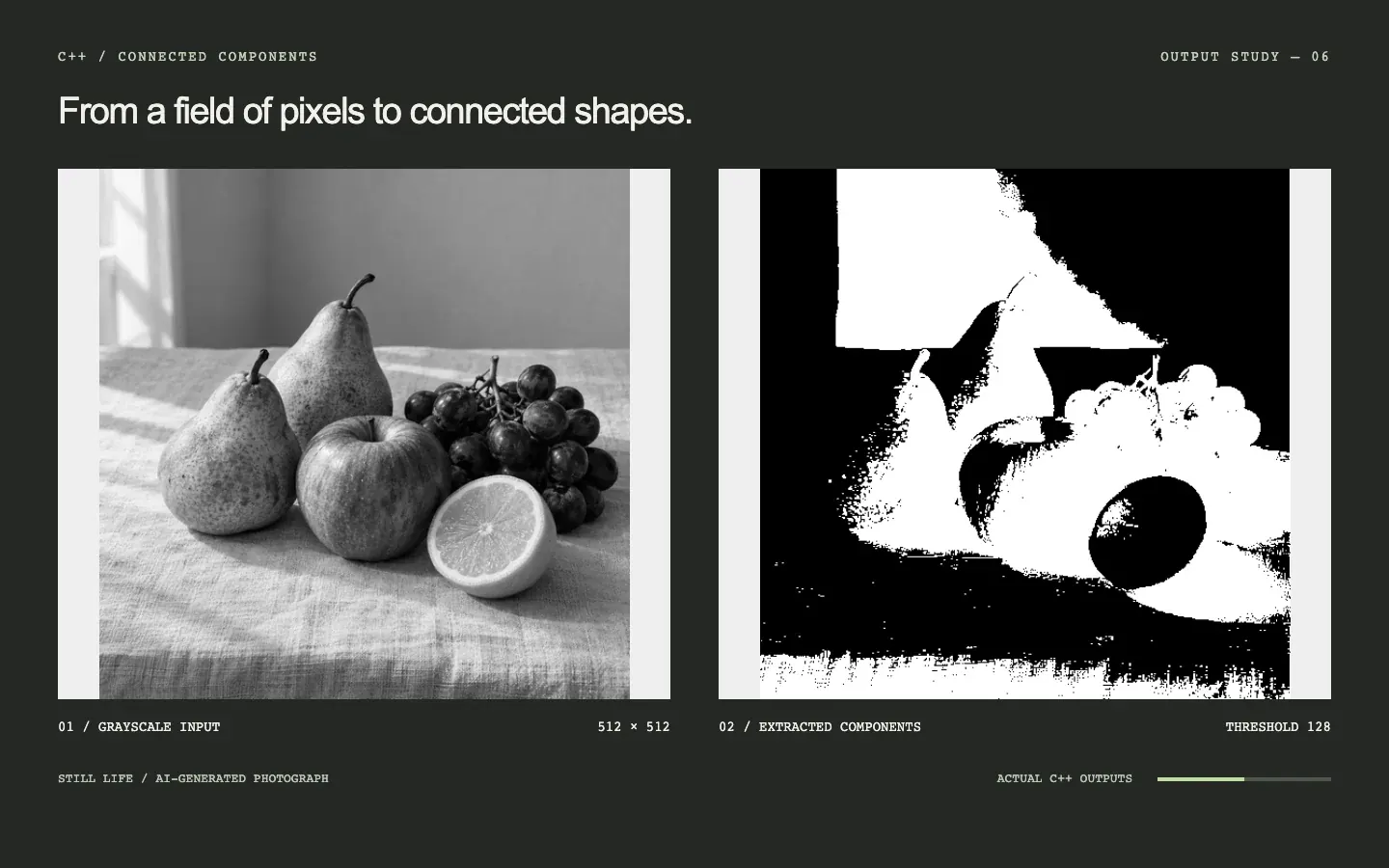 Still life: grayscale photograph on the left, actual C++ segmentation on the right as the threshold rises from 32 to 224.