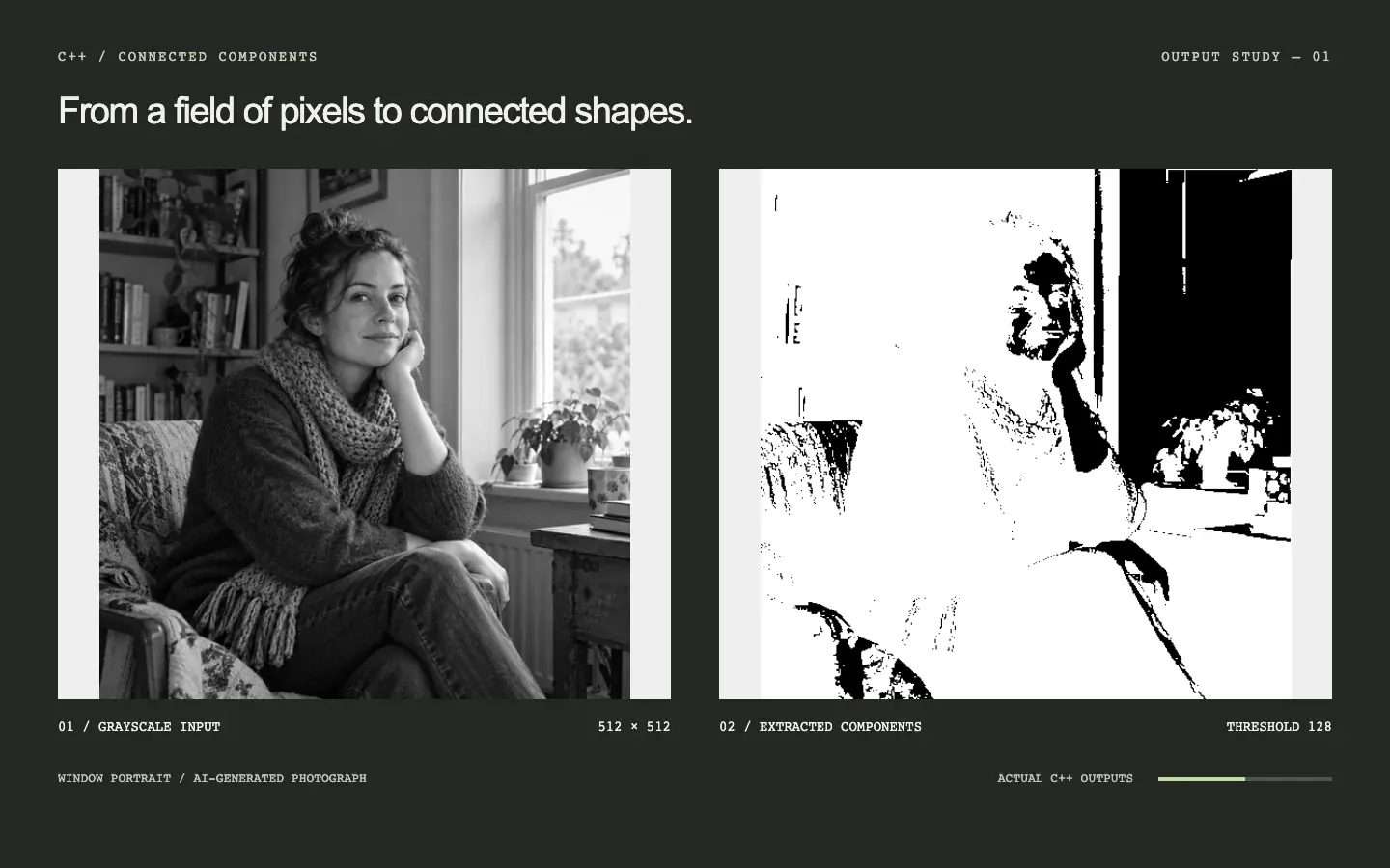 Window portrait: grayscale photograph on the left, actual C++ segmentation on the right as the threshold rises from 32 to 224.