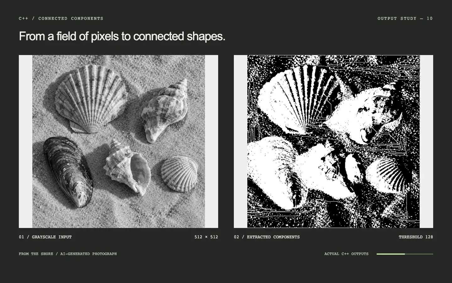 From the shore: grayscale photograph on the left, actual C++ segmentation on the right as the threshold rises from 32 to 224.