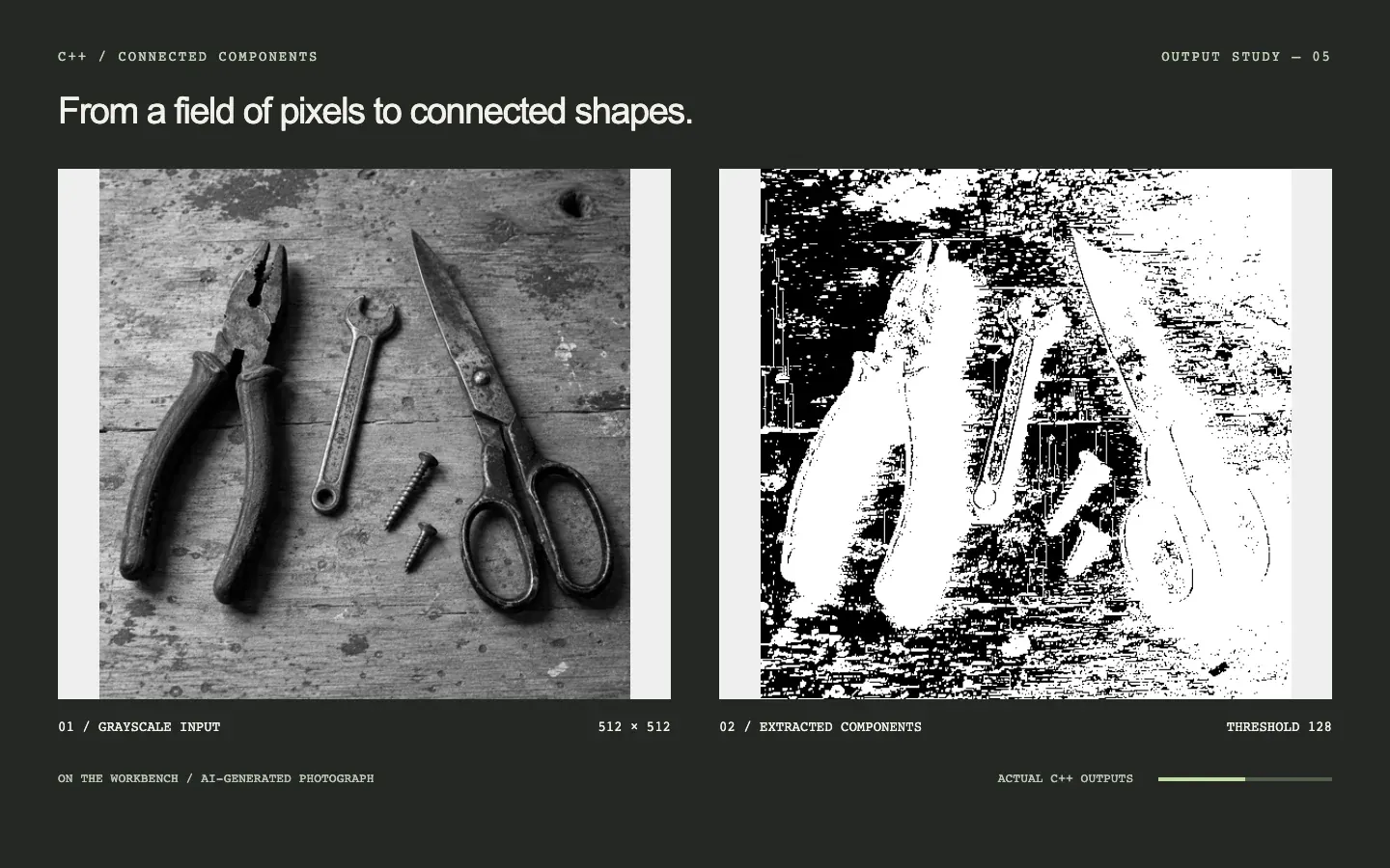 On the workbench: grayscale photograph on the left, actual C++ segmentation on the right as the threshold rises from 32 to 224.