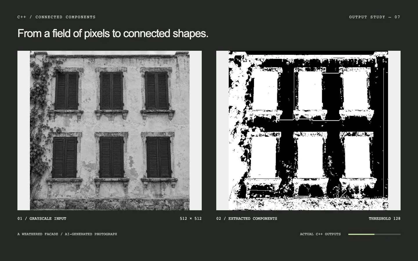 A weathered facade: grayscale photograph on the left, actual C++ segmentation on the right as the threshold rises from 32 to 224.
