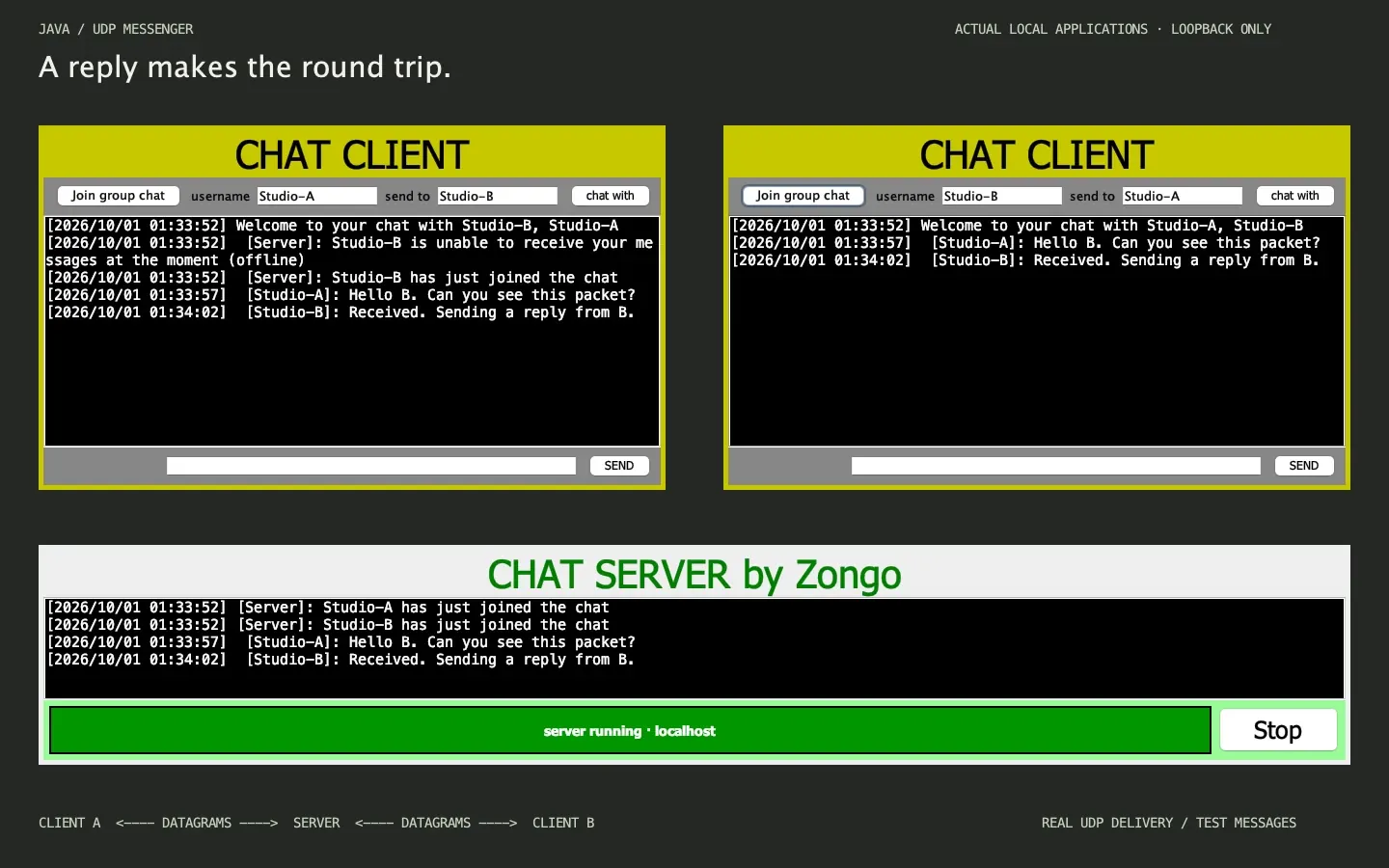 Two Java Swing messenger clients exchange direct replies and a group message through a local UDP server